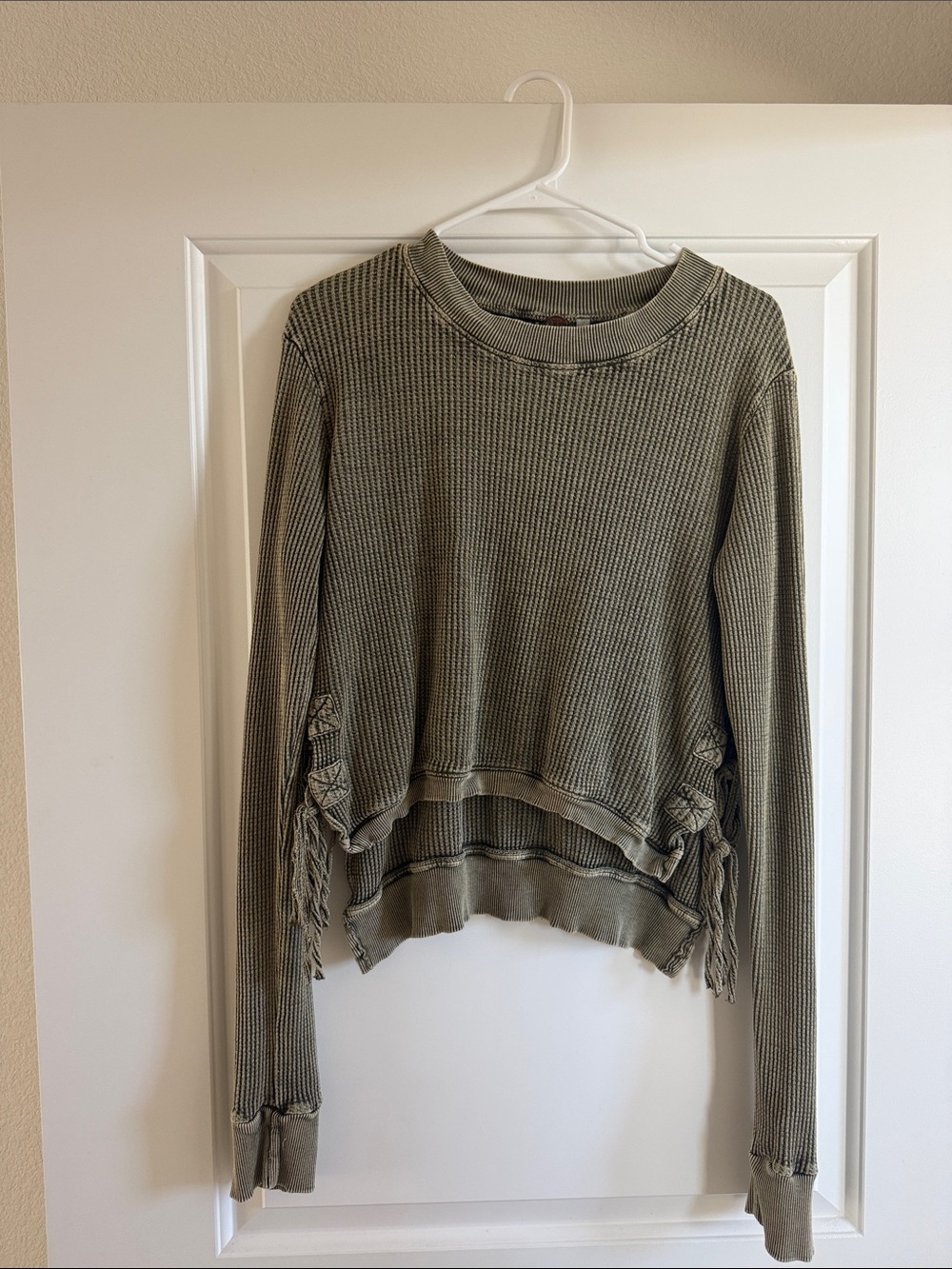 Free People Olive Green Waffle Knit Fringe Side Pullover